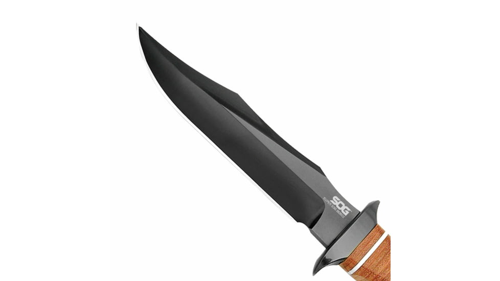 SOG Specialty Knives &amp; Tools Super SOG Bowie Fixed Blade Knife, 7.5in, AUS-8 Blade, Clip Point, Brown, Leather Washers Handle, Black, SOG-SB1T-L