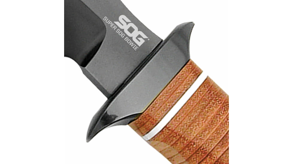 SOG Specialty Knives &amp; Tools Super SOG Bowie Fixed Blade Knife, 7.5in, AUS-8 Blade, Clip Point, Brown, Leather Washers Handle, Black, SOG-SB1T-L