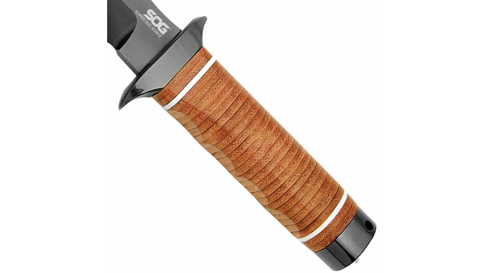 SOG Specialty Knives &amp; Tools Super SOG Bowie Fixed Blade Knife, 7.5in, AUS-8 Blade, Clip Point, Brown, Leather Washers Handle, Black, SOG-SB1T-L