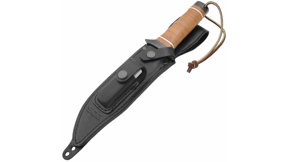 SOG Specialty Knives &amp; Tools Super SOG Bowie Fixed Blade Knife, 7.5in, AUS-8 Blade, Clip Point, Brown, Leather Washers Handle, Black, SOG-SB1T-L