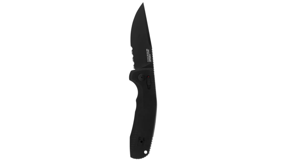 SOG Specialty Knives &amp; Tools Tac AU-XR Automatic Folding Knife, 3.50in, D2 Tool Steel, Partially Serrated Blade, Black TiNi, Black Anodized Aluminum Handle, 15-38-02-57