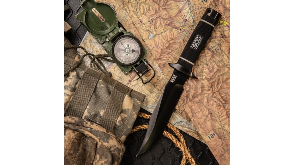 SOG Specialty Knives &amp; Tools Tech Bowie Knife, 11in Overall, 6 3/8in AUS-8 Stainless Black TiNi Blade, Black Kraton Handle, Kydex Sheath, S10B-K