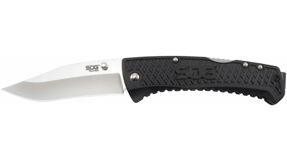 SOG Specialty Knives &amp; Tools Traction Folding Knife, 3.5in, 5Cr13MoV Blade, Clip Point, Black, Glass-Reinforced Nylon Handle, SOG-TD1011-CP