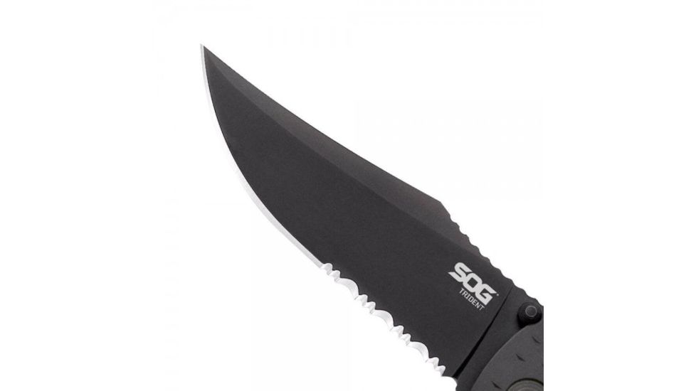 SOG Specialty Knives &amp; Tools Trident 1/2 Serrated TiNi Automatic Folding Knife, 0.13in AUS-8 Blade Steel, Overall length 8.5in, Black, Glass-Reinforced Nylon Handle TF1-BX