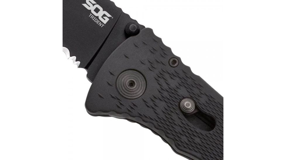 SOG Specialty Knives &amp; Tools Trident 1/2 Serrated TiNi Automatic Folding Knife, 0.13in AUS-8 Blade Steel, Overall length 8.5in, Black, Glass-Reinforced Nylon Handle TF1-BX