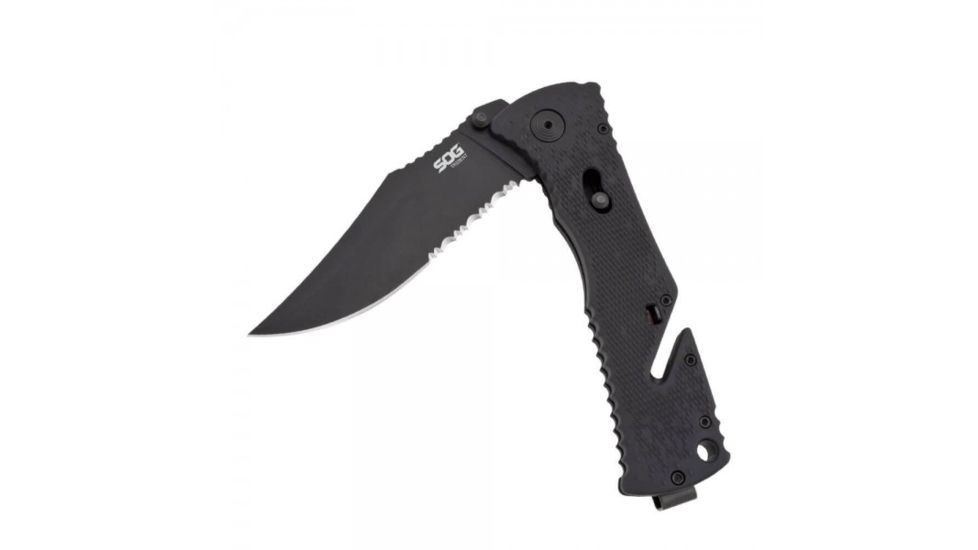 SOG Specialty Knives &amp; Tools Trident 1/2 Serrated TiNi Automatic Folding Knife, 0.13in AUS-8 Blade Steel, Overall length 8.5in, Black, Glass-Reinforced Nylon Handle TF1-BX