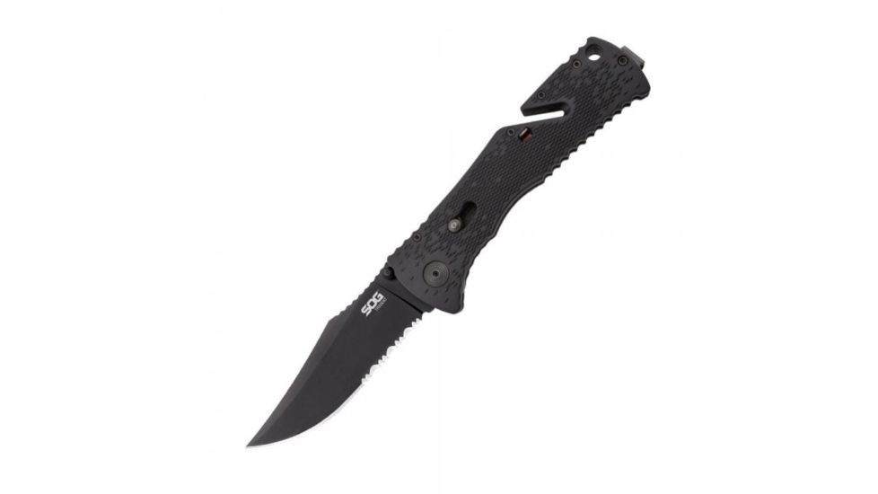 SOG Specialty Knives &amp; Tools Trident 1/2 Serrated TiNi Automatic Folding Knife, 0.13in AUS-8 Blade Steel, Overall length 8.5in, Black, Glass-Reinforced Nylon Handle TF1-BX