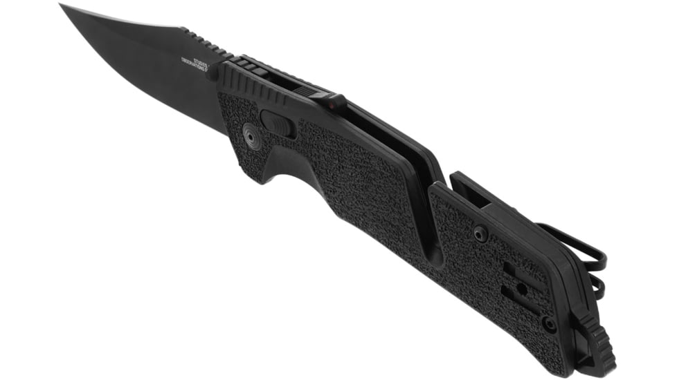 SOG Specialty Knives &amp; Tools Trident At Blackout Automatic Folding Knife, 3.75in, D2 Tool Steel, Clip Point Blade, Black Oxide, Black Textured GRN Handle, SOG-11-12-05-57