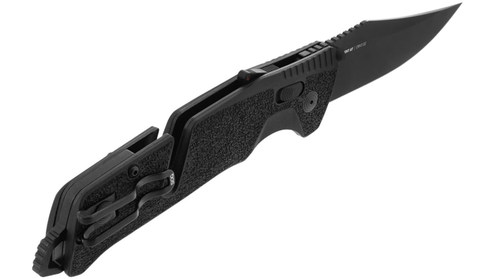 SOG Specialty Knives &amp; Tools Trident At Blackout Automatic Folding Knife, 3.75in, D2 Tool Steel, Clip Point Blade, Black Oxide, Black Textured GRN Handle, SOG-11-12-05-57