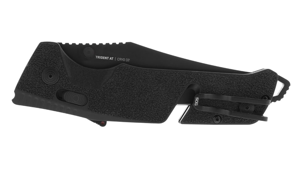 SOG Specialty Knives &amp; Tools Trident At Blackout Automatic Folding Knife, 3.75in, D2 Tool Steel, Clip Point Blade, Black Oxide, Black Textured GRN Handle, SOG-11-12-05-57