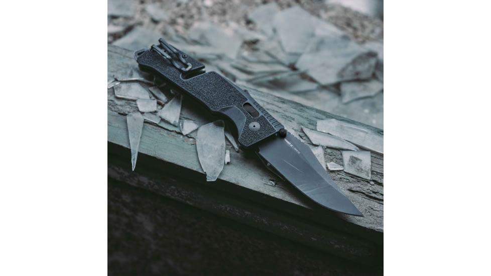 SOG Specialty Knives &amp; Tools Trident At Blackout Automatic Folding Knife, 3.75in, D2 Tool Steel, Clip Point Blade, Black Oxide, Black Textured GRN Handle, SOG-11-12-05-57
