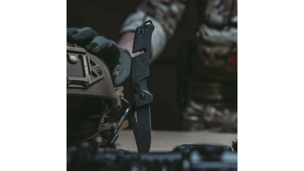SOG Specialty Knives &amp; Tools Trident At Blackout Automatic Folding Knife, 3.75in, D2 Tool Steel, Clip Point Blade, Black Oxide, Black Textured GRN Handle, SOG-11-12-05-57