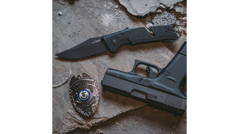 SOG Specialty Knives &amp; Tools Trident At Blackout Automatic Folding Knife, 3.75in, D2 Tool Steel, Clip Point Blade, Black Oxide, Black Textured GRN Handle, SOG-11-12-05-57