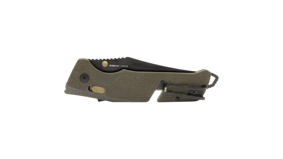 SOG Specialty Knives &amp; Tools Trident AT Folding Knives, 3.7in, CRYO D2, Partially Serrated Clip Point Blade, Olive Drab GRN Handle, 11-12-11-41