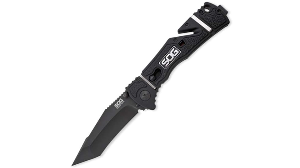 SOG Trident Elite Folding Knife, 3.7in, Black Handle, Black Tanto Plain w/Clip, Box, SOGTF104-BX