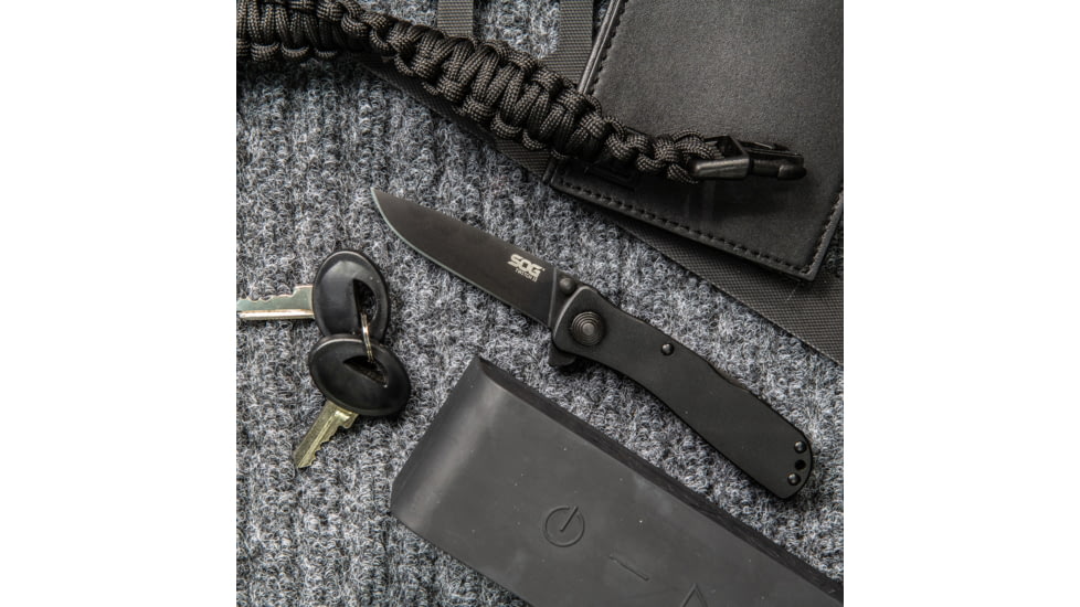 SOG Specialty Knives &amp; Tools Twitch II Folding Knife, 2.65in, AUS-8 Blade, Drop Point, Black, Anodized Aluminum 6061-T6 Handle, Black, SOG-TWI12-CP