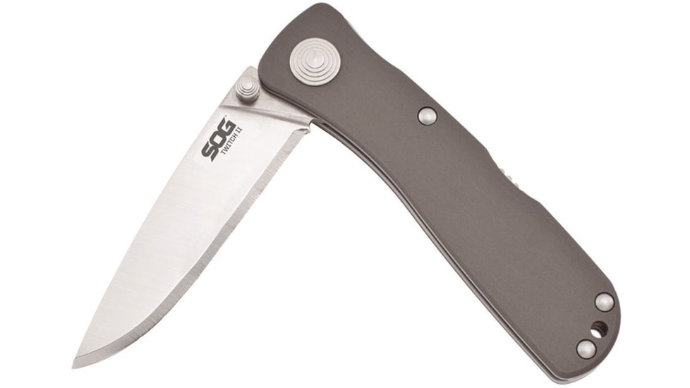 SOG Specialty Knives &amp; Tools Twitch II Folding Knife, 2.65in, AUS-8 Blade, Drop Point, Grey, Anodized Aluminum 6061-T6 Handle, Tan, SOG-TWI8-CP