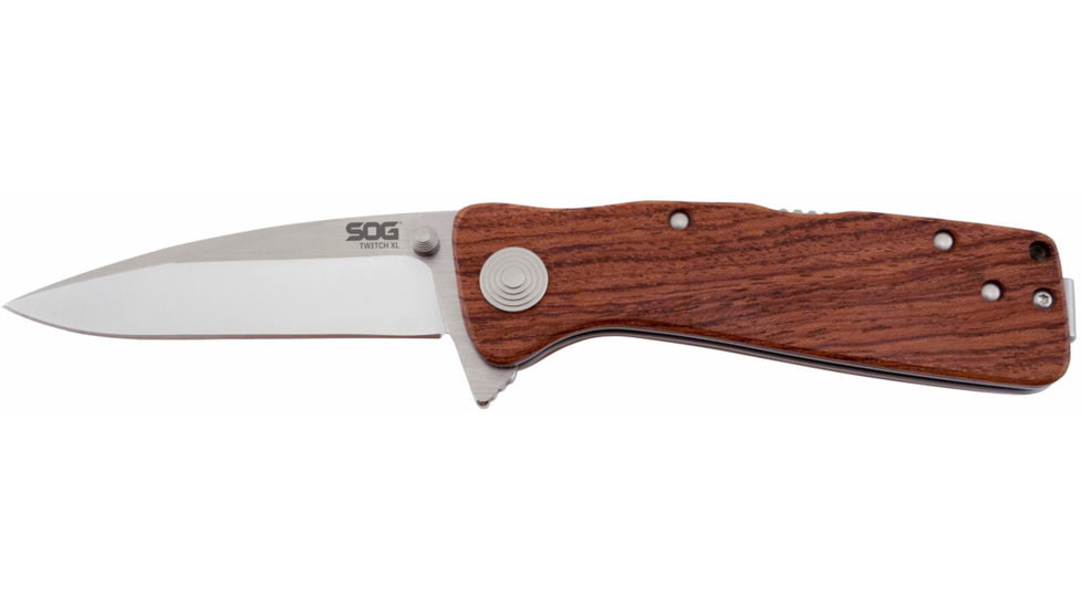 SOG Specialty Knives &amp; Tools Twitch XL Folding Knife, 3.25in, AUS-8 Blade, Drop Point, Brown, Rosewood Handle, Silver, SOG-TWI24-CP