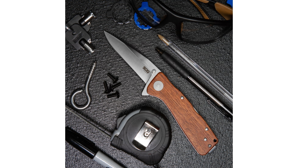 SOG Specialty Knives &amp; Tools Twitch XL Folding Knife, 3.25in, AUS-8 Blade, Drop Point, Brown, Rosewood Handle, Silver, SOG-TWI24-CP