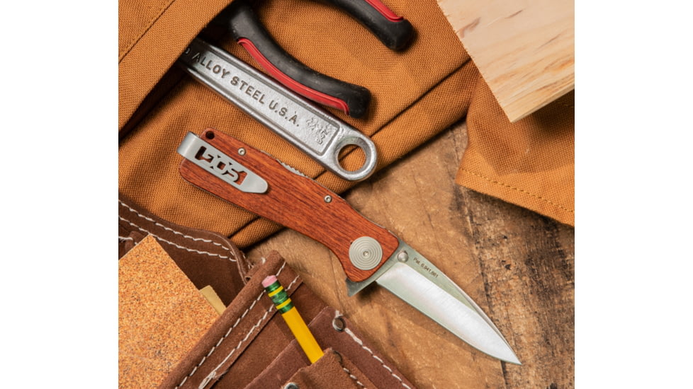 SOG Specialty Knives &amp; Tools Twitch XL Folding Knife, 3.25in, AUS-8 Blade, Drop Point, Brown, Rosewood Handle, Silver, SOG-TWI24-CP