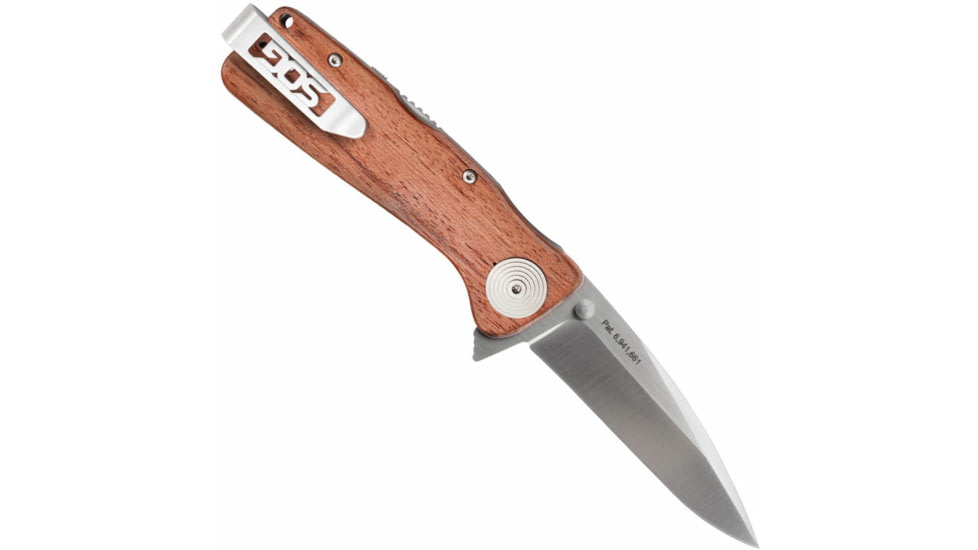 SOG Specialty Knives &amp; Tools Twitch XL Folding Knife, 3.25in, AUS-8 Blade, Drop Point, Brown, Rosewood Handle, Silver, SOG-TWI24-CP