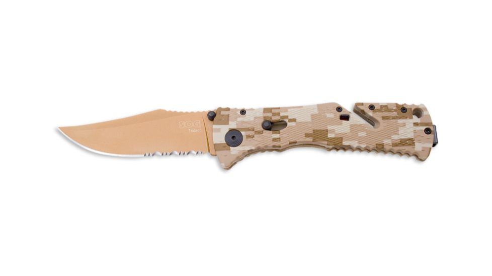 SOG Trident Knife w/ PS Fold, 3.75in. Steel Blade and Desert Camo Green Handle, Copper TiNi Finish, TF5-CP