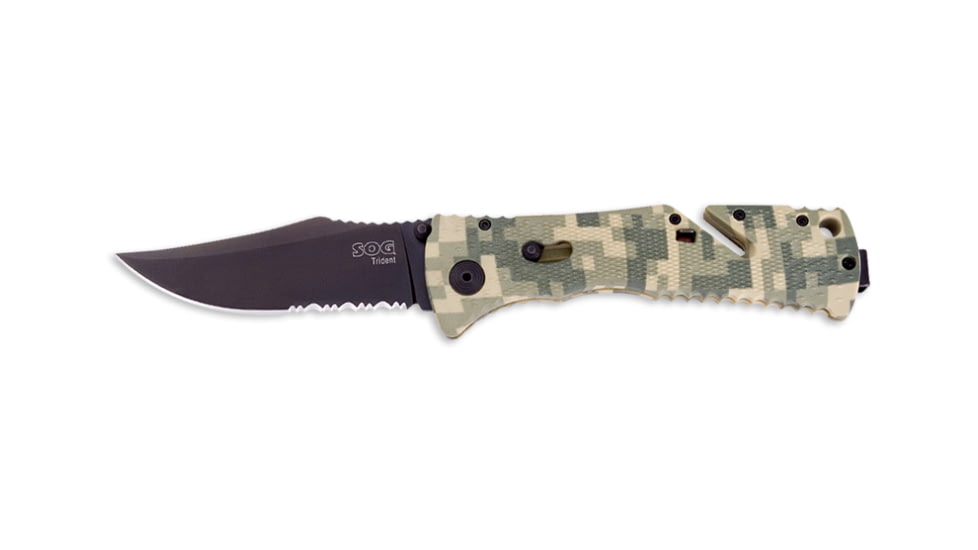 SOG Trident Knife w/ PS Fold, 3.75in. Steel Blade and Digi Camo Grooved Handle, Black TiNi Finish, JBT-TF10-CP