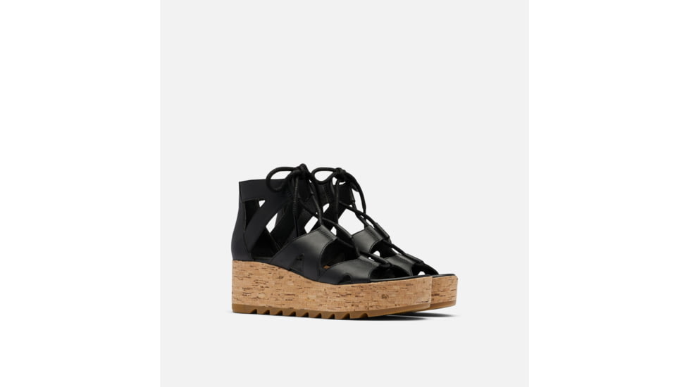 Sorel Cameron Flatform Lace Wedge Sandals Leather - Womens, Black/Gum 2, 9 US, 1981631-010-9