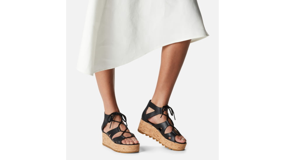 Sorel Cameron Flatform Lace Wedge Sandals Leather - Womens, Black/Gum 2, 9 US, 1981631-010-9