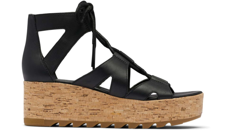 Sorel Cameron Flatform Lace Wedge Sandals Leather - Womens, Black/Gum 2, 9 US, 1981631-010-9