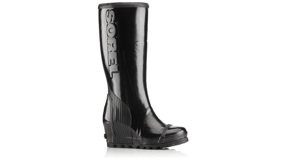 Sorel Joan Rain Wedge Tall Gloss Rubber Boot, Womens, Black/Sea Salt, 6.5 US, 1757591010-6.5