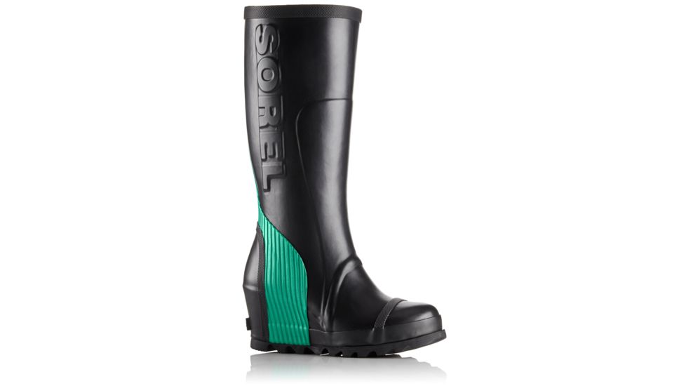 Sorel Joan Rain Wedge Tall Rubber Boot - Women's-Black/Bright Emerald-Medium-8
