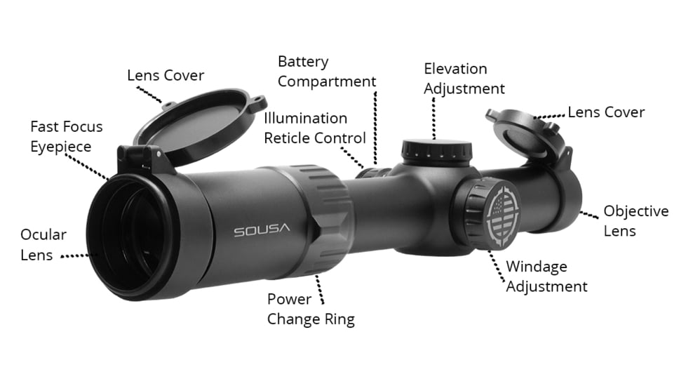 SOUSA OPTICS Mantis 1-6X24 Rifle Scope, BDC Reticle, 1/2 MOA, SFP, Black, Medium, MA1624BDC