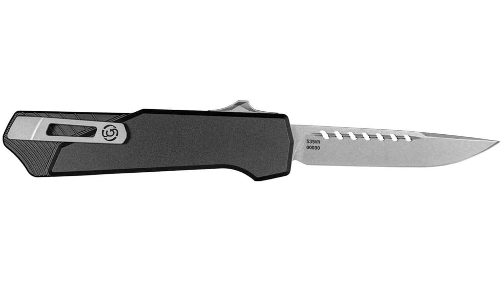Southern Grind Arachnid Automatic Folding Knife, 3.2 in, S35VN Steel, Point Plain Blade, Stonewash Drop, Black 7075-T6 Aluminum Handle, SG12030020