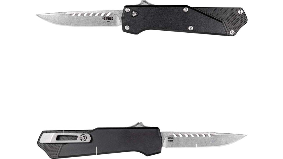 Southern Grind Arachnid Automatic Folding Knife, 3.2 in, S35VN Steel, Point Plain Blade, Stonewash Drop, Black 7075-T6 Aluminum Handle, SG12030020