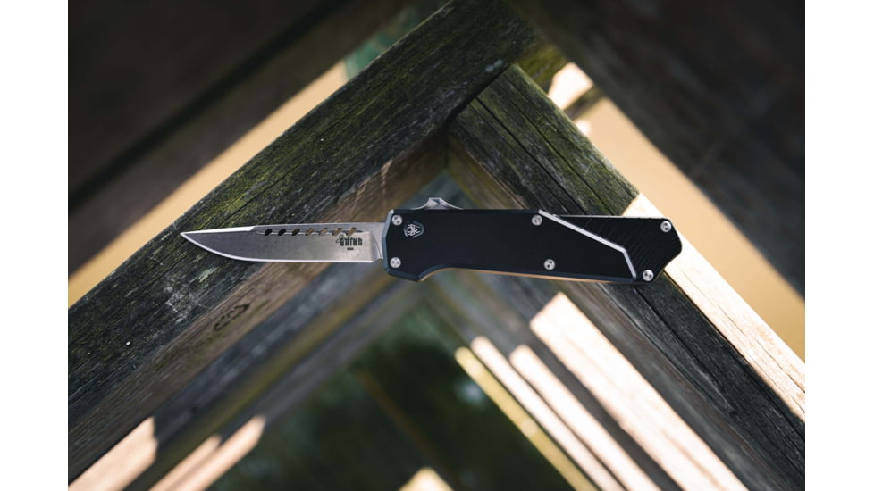 Southern Grind Arachnid Automatic Folding Knife, 3.2 in, S35VN Steel, Point Plain Blade, Stonewash Drop, Black 7075-T6 Aluminum Handle, SG12030020