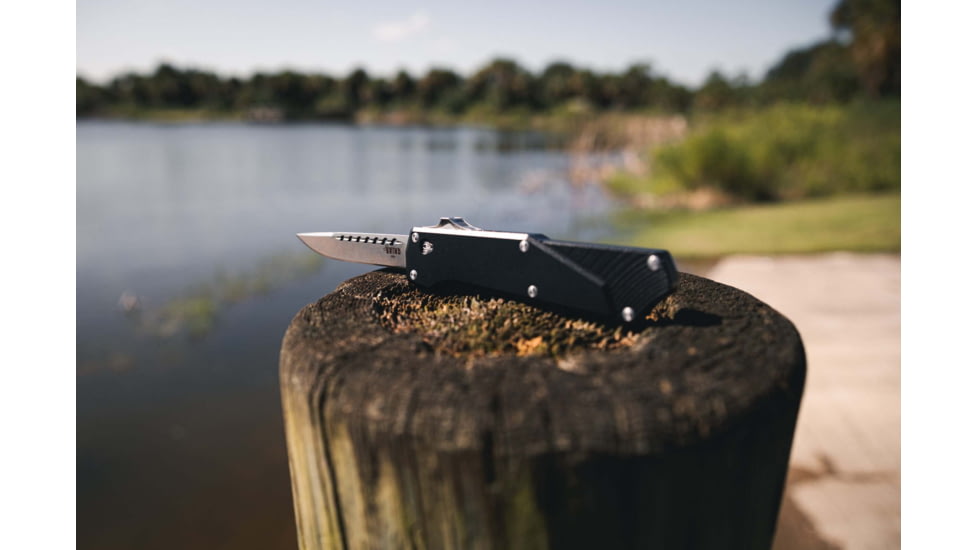 Southern Grind Arachnid Automatic Folding Knife, 3.2 in, S35VN Steel, Point Plain Blade, Stonewash Drop, Black 7075-T6 Aluminum Handle, SG12030020