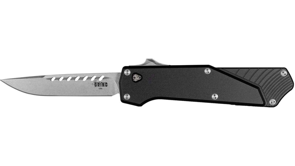 Southern Grind Arachnid Automatic Folding Knife, 3.2 in, S35VN Steel, Point Plain Blade, Stonewash Drop, Black 7075-T6 Aluminum Handle, SG12030020