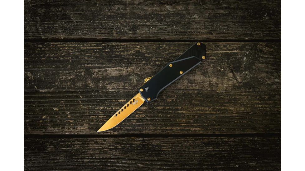 Southern Grind Arachnid Automatic Folding Knife, 3.2 in, S35VN Steel, Drop Point Plain Blade, Bronze, Black 7075-T6 Aluminum Handle, SG12031020