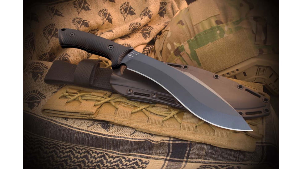 Spartan Blades Harsey Kukri Fixed Blade Knife, 14in Overall, 8.5in Black Oxide Coated 1095 Cro-Van Carbon Steel Blade, Black Grooved G10 Handle, Injection Molded Sheath, SBSL007BK