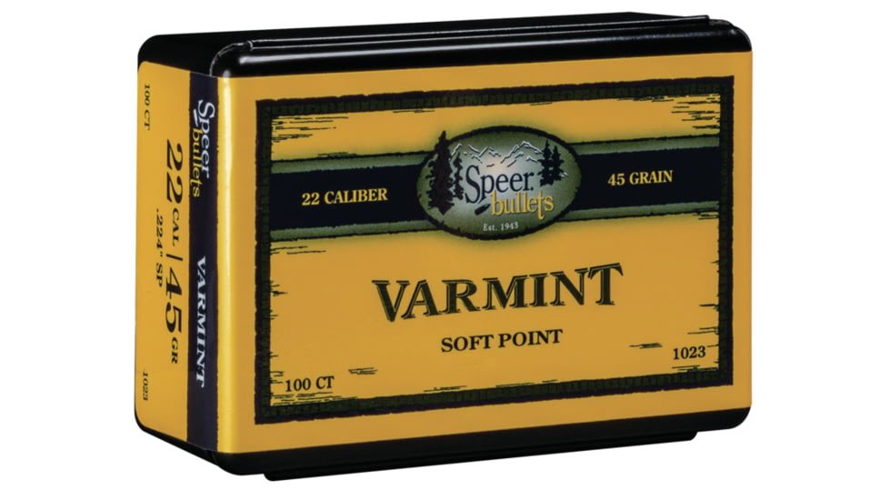 Speer Varmint .224 Rifle Bullet, 45 Grain, Jacketed Soft Point, 100 Bullets, 1023