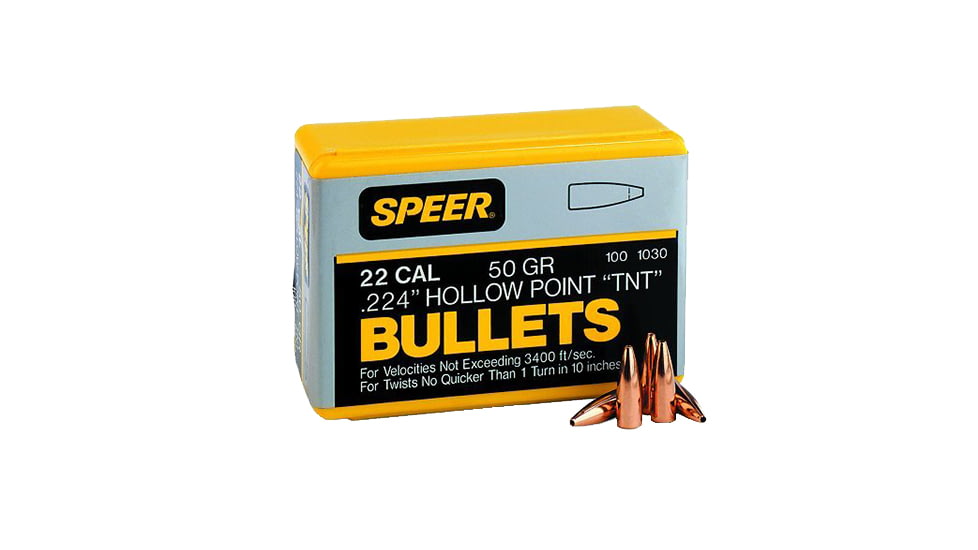 Speer TNT .224 Rifle Bullet, 50 Grain, Jacketed Hollow Point, 100 Bullets, 1030