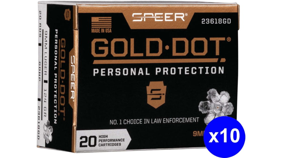 Speer Gold Dot 9 mm Luger 124 Grain Gold Dot Hollow Point Centerfire Pistol Ammo, 200 Rounds