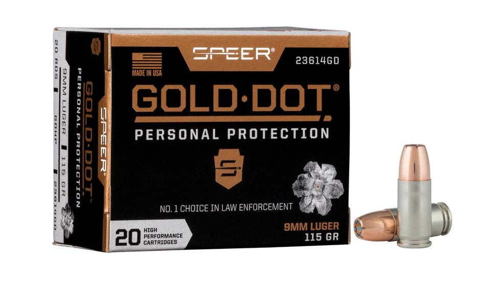Speer Gold Dot Handgun Personal Protection 9mm Luger 115 Grain Gold Dot Hollow Point Cavity Brass Cased Pistol Ammo, 50 Rounds, 53614GD