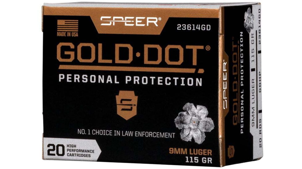 Speer Gold Dot Handgun Personal Protection 9mm Luger 115 Grain Gold Dot Hollow Point Cavity Brass Cased Pistol Ammo, 50 Rounds, 53614GD