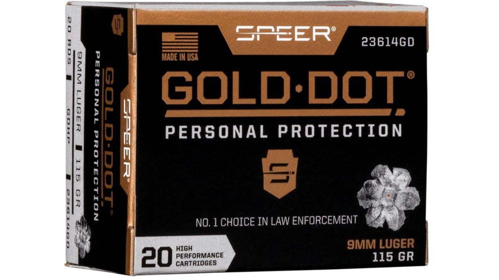 Speer Gold Dot Handgun Personal Protection 9mm Luger 115 Grain Gold Dot Hollow Point Cavity Brass Cased Pistol Ammo, 50 Rounds, 53614GD