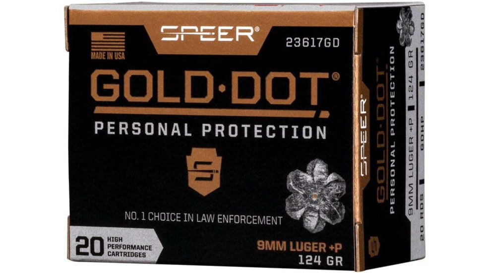 Speer Gold Dot Handgun Personal Protection 9mm Luger +P 124 Grain Gold Dot Hollow Point Cavity Brass Cased Pistol Ammo, 50 Rounds, 53617GD