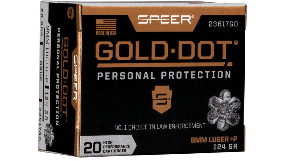 Speer Gold Dot Handgun Personal Protection 9mm Luger +P 124 Grain Gold Dot Hollow Point Cavity Brass Cased Pistol Ammo, 50 Rounds, 53617GD