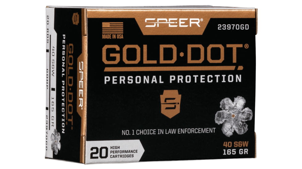 Speer Gold Dot Handgun Personal Protection Pistol Ammo, .40 S&amp;W, Gold Dot Hollow Point, 165 grain, 20 Rounds, 23970GD