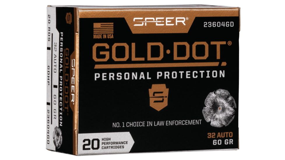 Speer Gold Dot Pistol Ammo, .32 ACP, Gold Dot Hollow Point, 60 grain, 20 Rounds, 23604GD